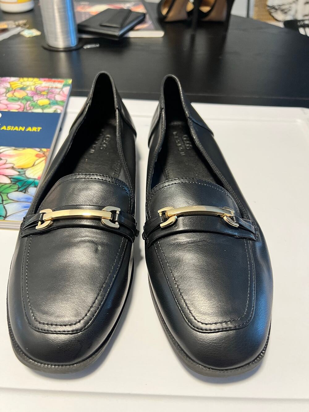 ASOS DESIGN Women’s Black Loafers Size 12 Gold Tone Horsebit Slip On Shoes EUC